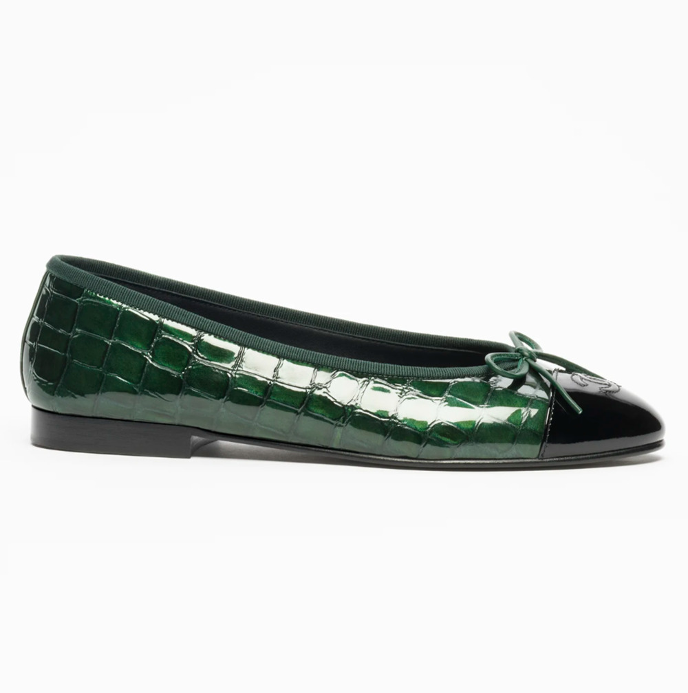 Chanel 26A Green Croc Black Crocodile Patent CC Logo Ballet Ballerina Flat 37